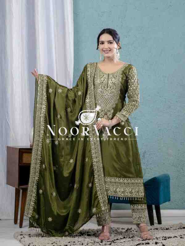 Pure Heavy Chinnon Silk Embroidered Suit with Dupatta and Stitched Pant Set - Image 7