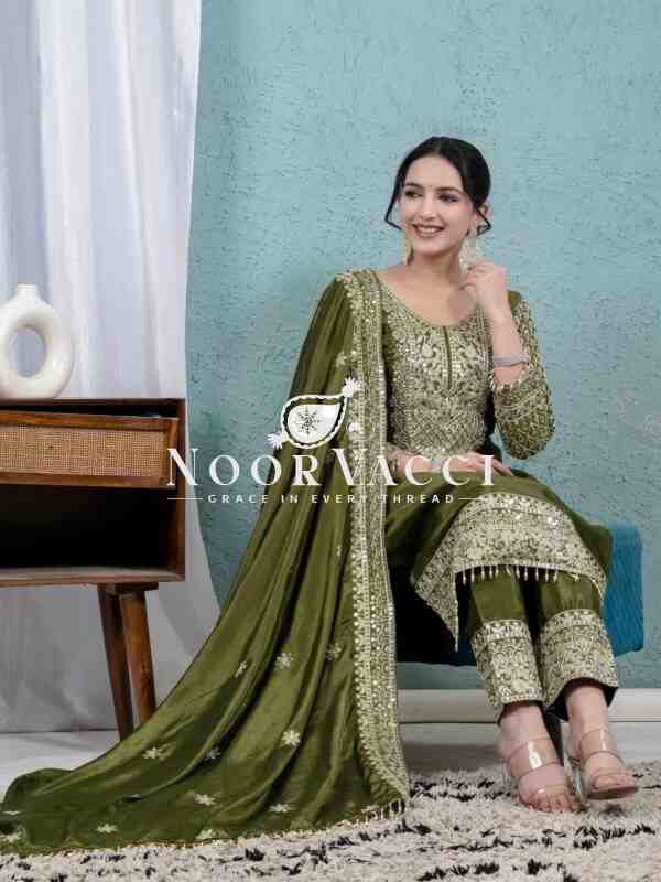 Pure Heavy Chinnon Silk Embroidered Suit with Dupatta and Stitched Pant Set - Image 8