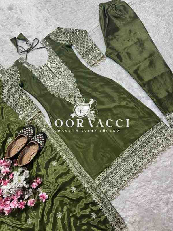 Pure Heavy Chinnon Silk Embroidered Suit with Dupatta and Stitched Pant Set - Image 9