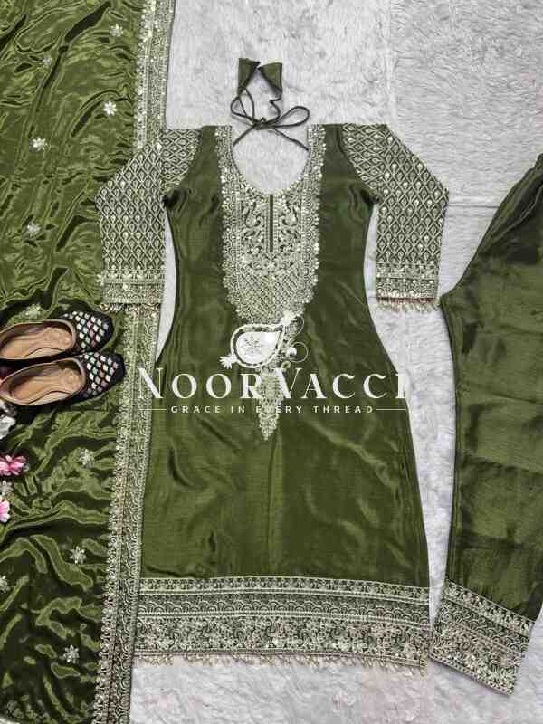 Pure Heavy Chinnon Silk Embroidered Suit with Dupatta and Stitched Pant Set - Image 10