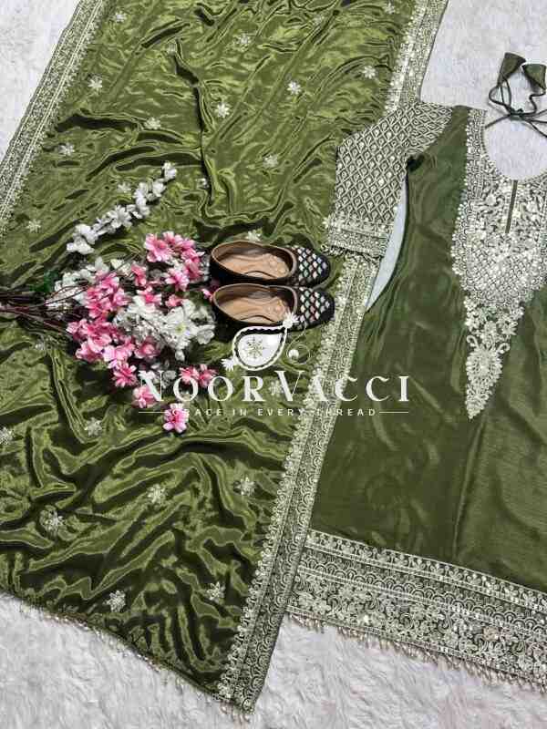 Pure Heavy Chinnon Silk Embroidered Suit with Dupatta and Stitched Pant Set - Image 11