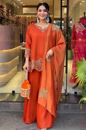 Buy Faux Georgette Embroidered Plazzo Set with Dupatta