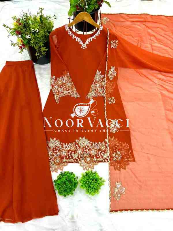 Faux Georgette Embroidered Plazzo Set with Dupatta - Image 2