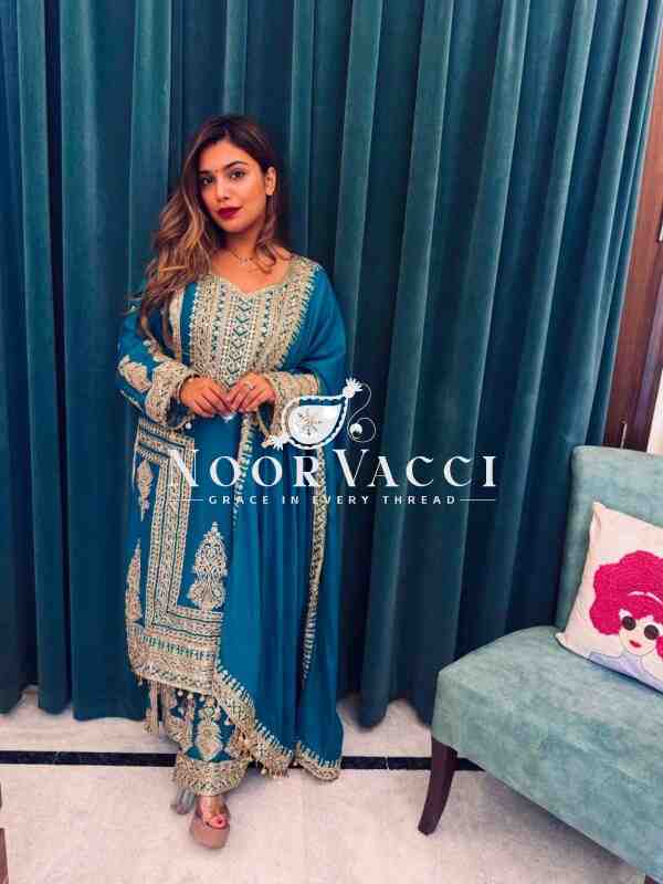 Pure Chinnon Embroidered Plazzo Set with Dupatta - Image 2