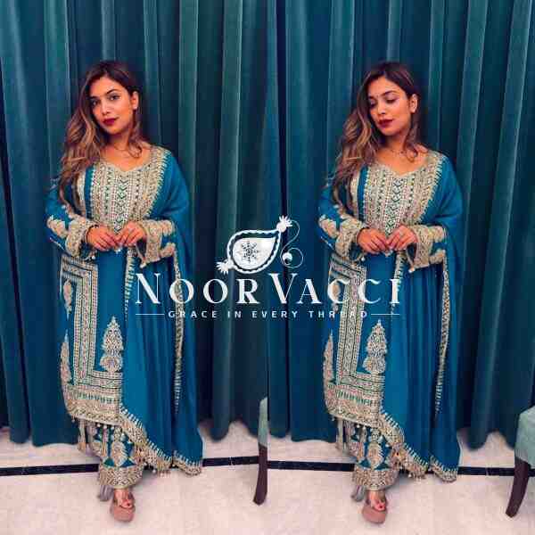 Pure Chinnon Embroidered Plazzo Set with Dupatta