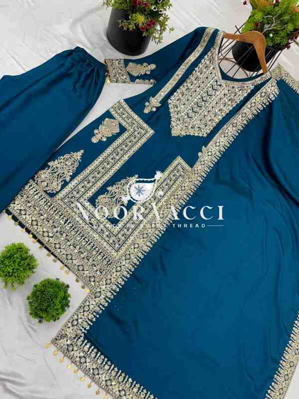 Pure Chinnon Embroidered Plazzo Set with Dupatta - Image 4
