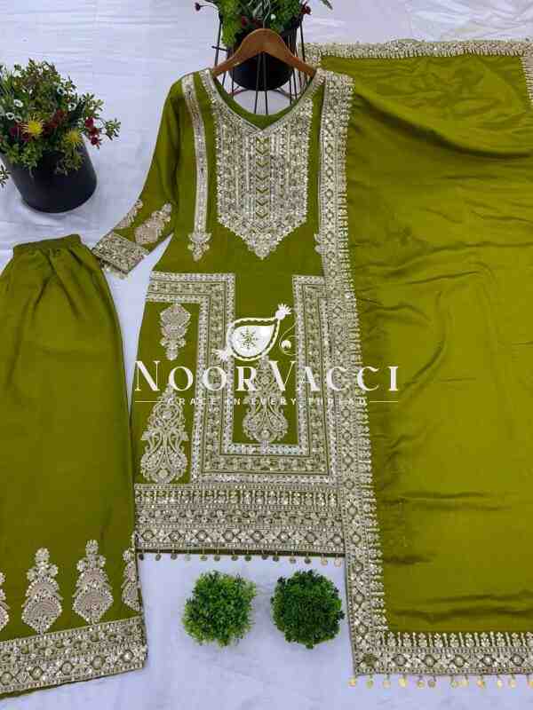 Pure Chinnon Embroidered Plazzo Set with Dupatta - Image 2