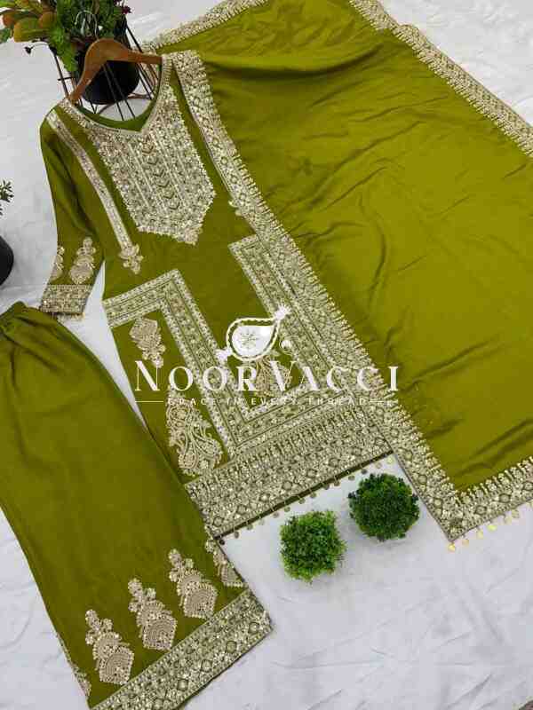 Pure Chinnon Embroidered Plazzo Set with Dupatta - Image 3