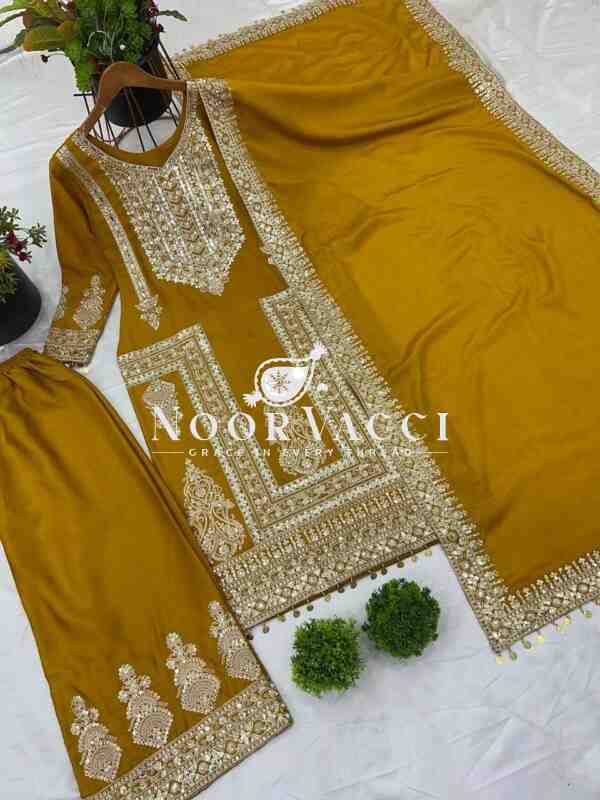 Pure Chinnon Embroidered Plazzo Set with Dupatta - Image 2