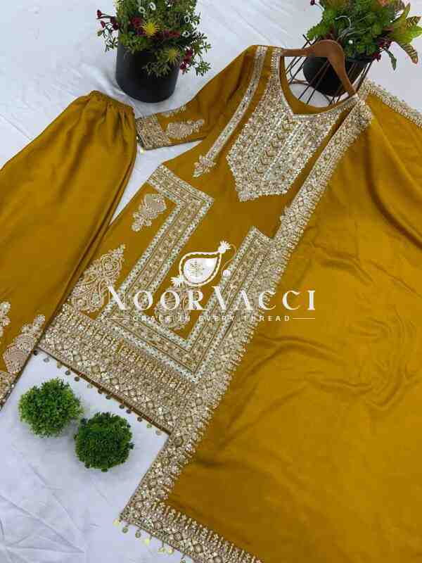Pure Chinnon Embroidered Plazzo Set with Dupatta - Image 3