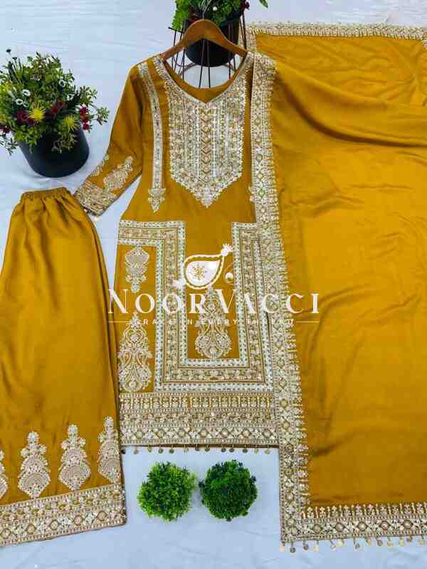 Pure Chinnon Embroidered Plazzo Set with Dupatta - Image 4