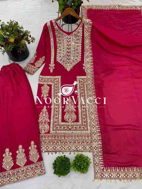 Pure Chinnon Embroidered Plazzo Set with Dupatta - Image 2