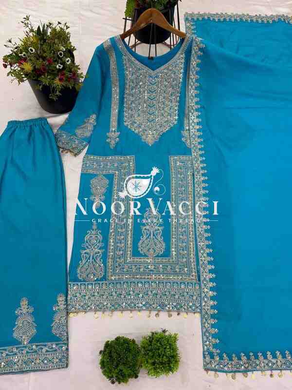Pure Chinnon Embroidered Plazzo Set with Dupatta - Image 2