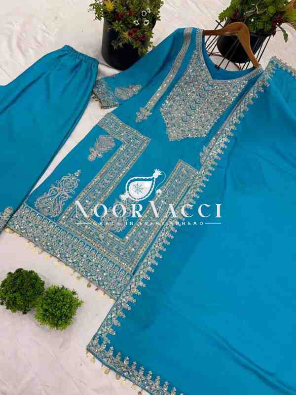 Pure Chinnon Embroidered Plazzo Set with Dupatta - Image 3