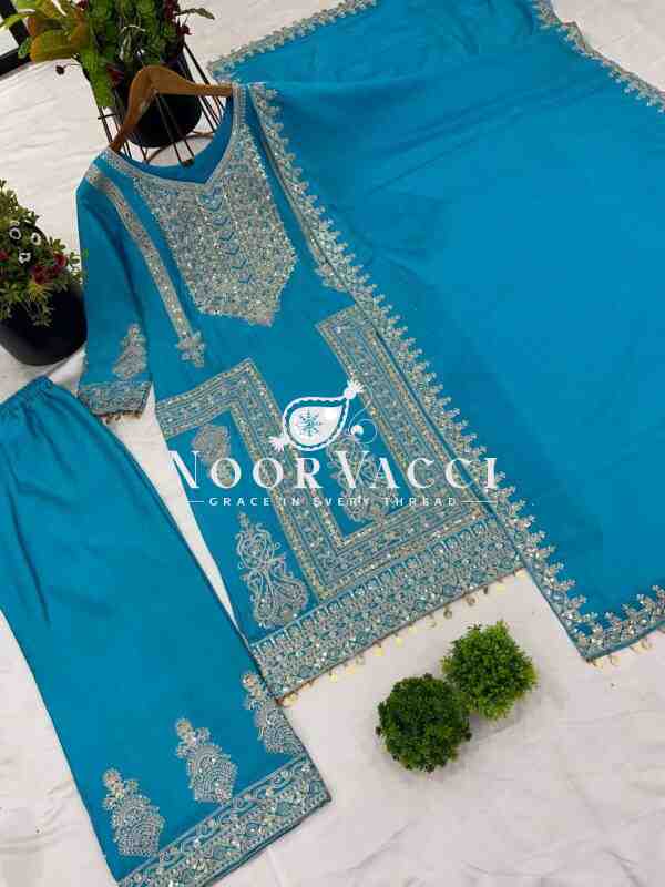 Pure Chinnon Embroidered Plazzo Set with Dupatta - Image 4