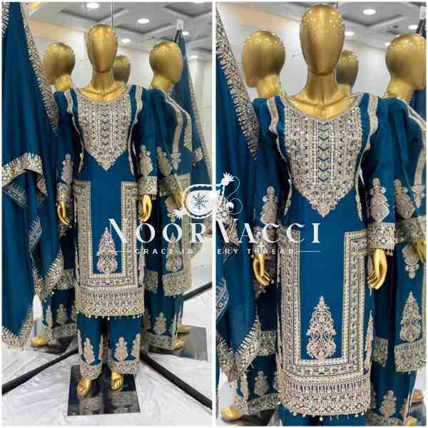 Pure Chinnon Embroidered Plazzo Set with Dupatta - Image 3