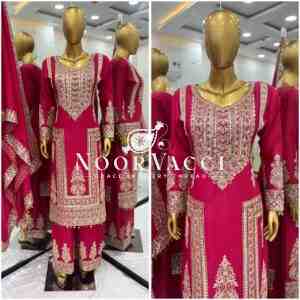 Pure Chinnon Embroidered Plazzo Set with Dupatta