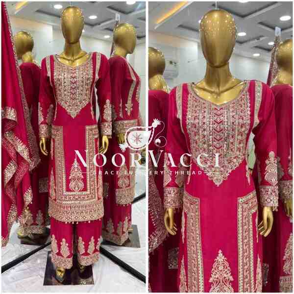 Pure Chinnon Embroidered Plazzo Set with Dupatta