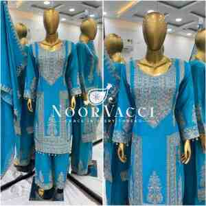 Pure Chinnon Embroidered Plazzo Set with Dupatta