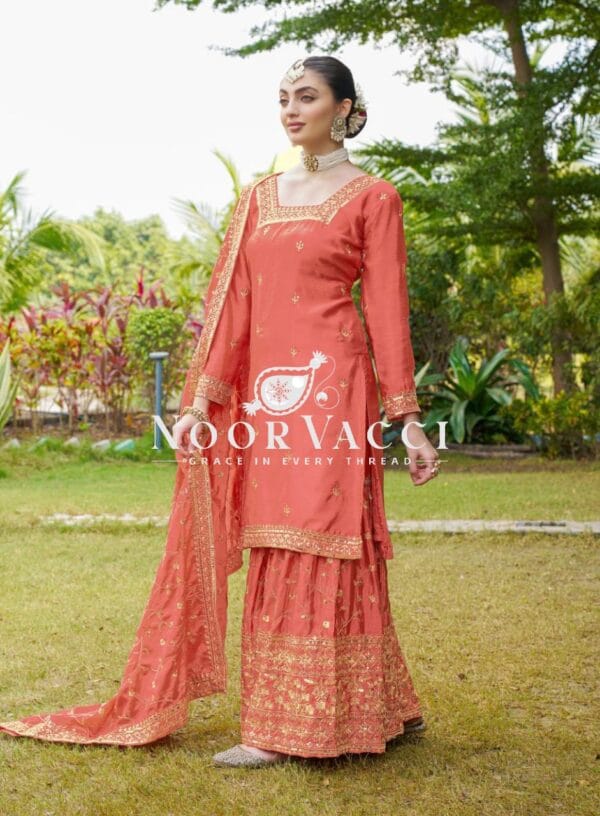 Buy Elegant Embroidered Chinon Sharara Suit with Sequins Detailing - Image 6