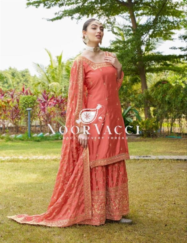 Buy Elegant Embroidered Chinon Sharara Suit with Sequins Detailing - Image 5