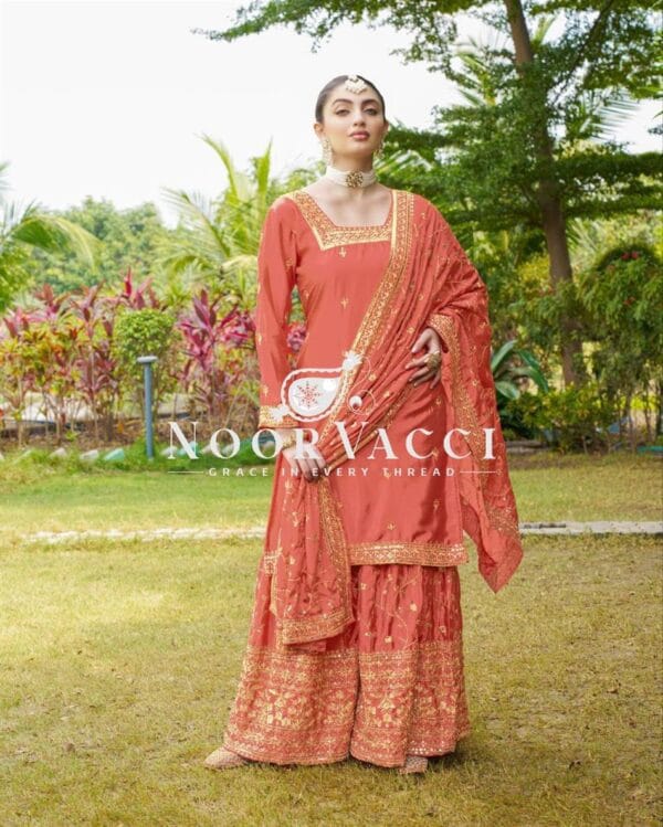 Buy Elegant Embroidered Chinon Sharara Suit with Sequins Detailing - Image 3