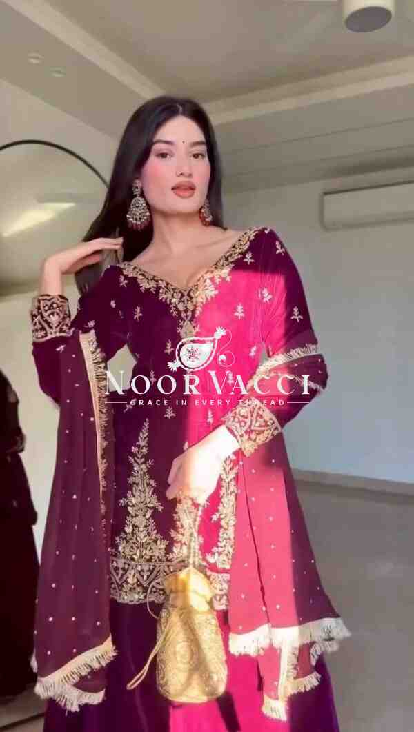 Faux Georgette Thread Work Plazo Set with Rivet Moti Dupatta - Image 3