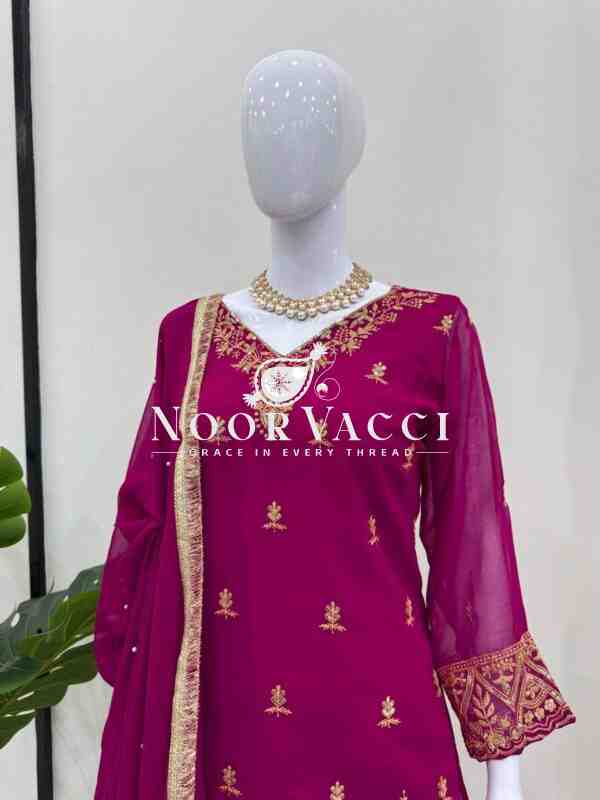 Faux Georgette Thread Work Plazo Set with Rivet Moti Dupatta - Image 2