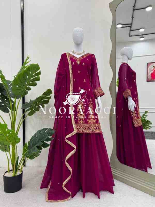 Faux Georgette Thread Work Plazo Set with Rivet Moti Dupatta - Image 4