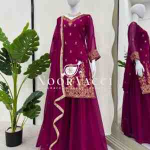 Faux Georgette Thread Work Plazo Set with Rivet Moti Dupatta