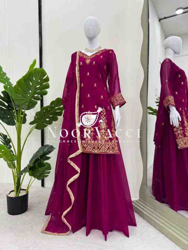Faux Georgette Thread Work Plazo Set with Rivet Moti Dupatta