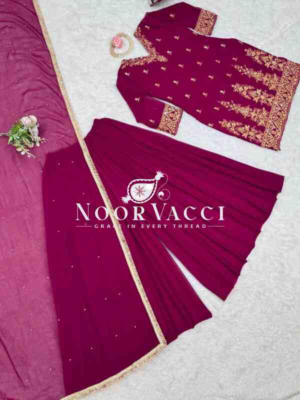 Faux Georgette Thread Work Plazo Set with Rivet Moti Dupatta - Image 8