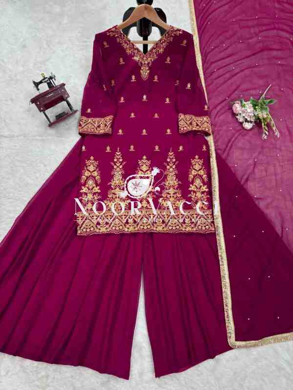 Faux Georgette Thread Work Plazo Set with Rivet Moti Dupatta - Image 7