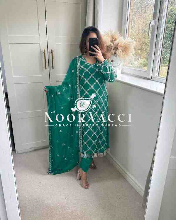Fancy Faux Georgette Hand-Embroidered Sequence Suit Set with Dupatta