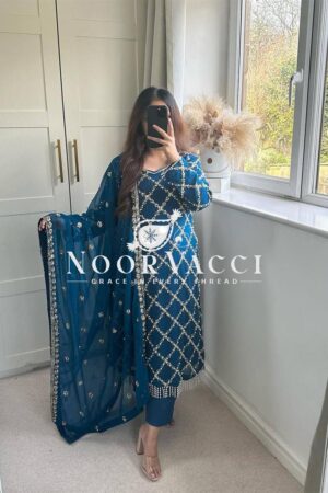 Buy Fancy Faux Georgette Hand-Embroidered Sequence Suit Set with Dupatta
