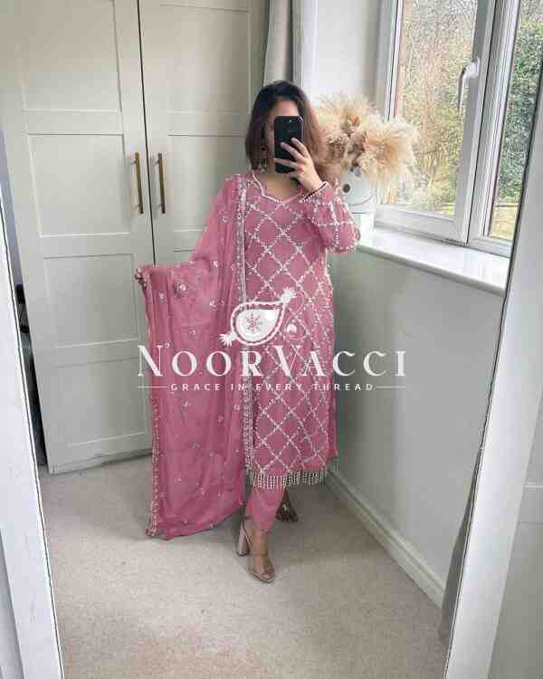 Fancy Faux Georgette Hand-Embroidered Sequence Suit Set with Dupatta