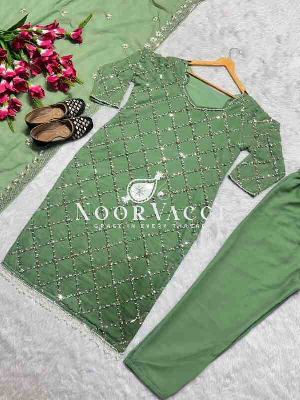 Fancy Faux Georgette Hand-Embroidered Sequence Suit Set with Dupatta - Image 2