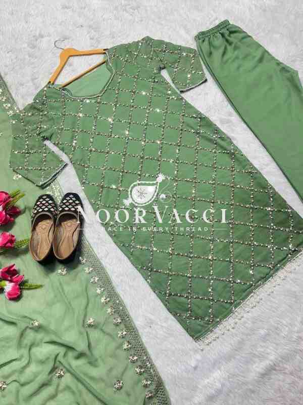 Fancy Faux Georgette Hand-Embroidered Sequence Suit Set with Dupatta - Image 3