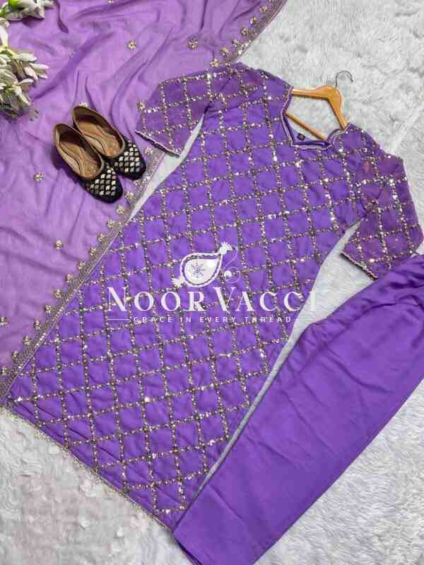 Fancy Faux Georgette Hand-Embroidered Sequence Suit Set with Dupatta - Image 3