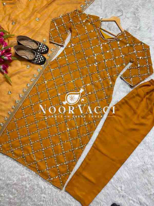 Fancy Faux Georgette Hand-Embroidered Sequence Suit Set with Dupatta - Image 3