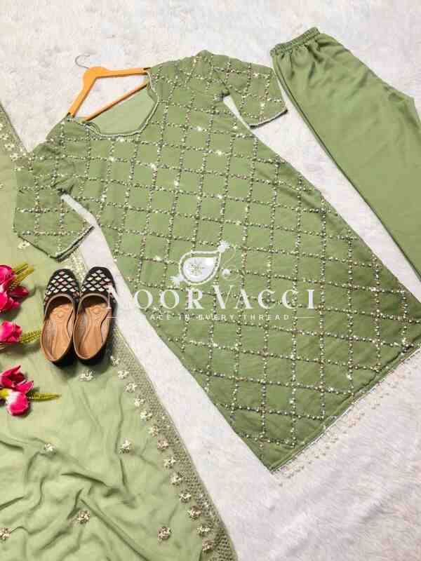 Fancy Faux Georgette Hand-Embroidered Sequence Suit Set with Dupatta - Image 2