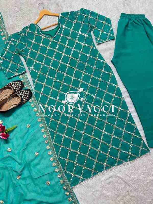 Fancy Faux Georgette Hand-Embroidered Sequence Suit Set with Dupatta - Image 2