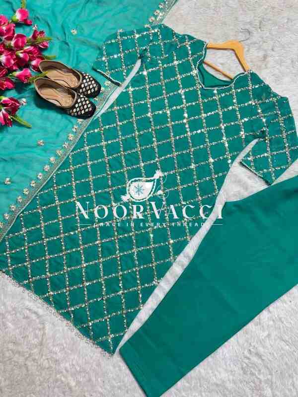 Fancy Faux Georgette Hand-Embroidered Sequence Suit Set with Dupatta - Image 3