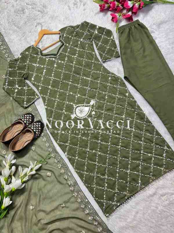Fancy Faux Georgette Hand-Embroidered Sequence Suit Set with Dupatta - Image 2