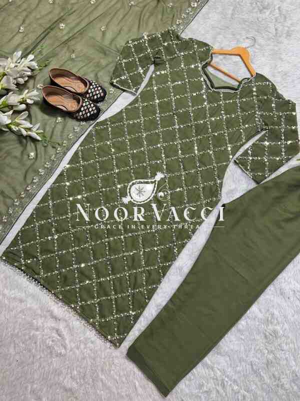Fancy Faux Georgette Hand-Embroidered Sequence Suit Set with Dupatta - Image 3