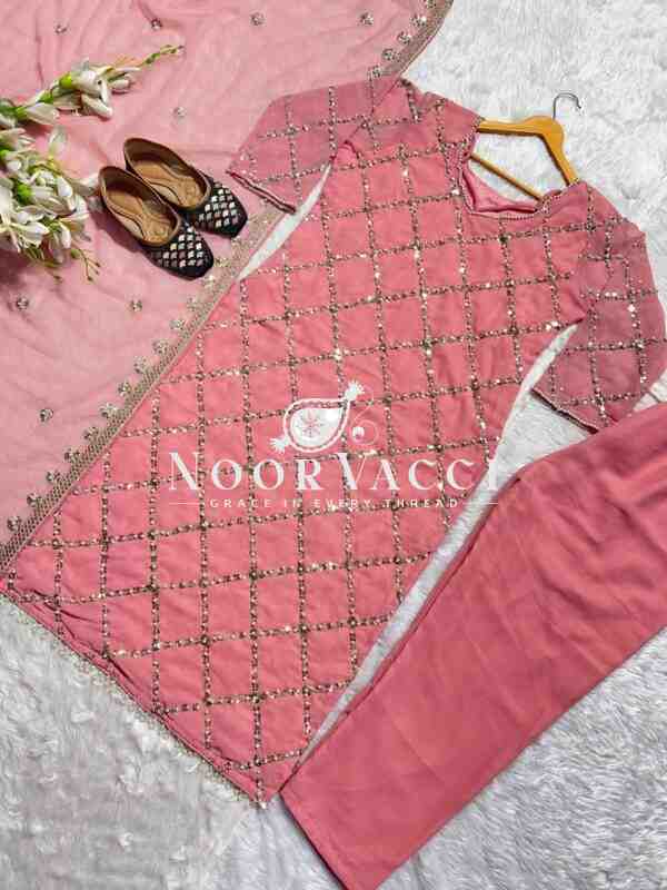 Fancy Faux Georgette Hand-Embroidered Sequence Suit Set with Dupatta - Image 2