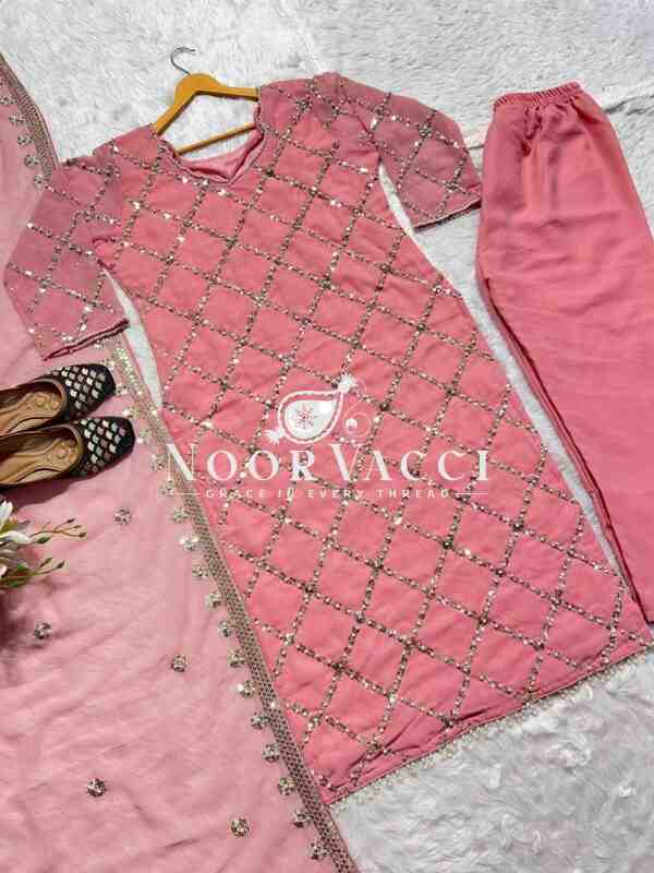 Fancy Faux Georgette Hand-Embroidered Sequence Suit Set with Dupatta - Image 3