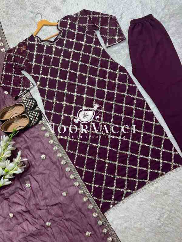 Fancy Faux Georgette Hand-Embroidered Sequence Suit Set with Dupatta - Image 2
