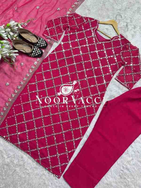 Fancy Faux Georgette Hand-Embroidered Sequence Suit Set with Dupatta - Image 2