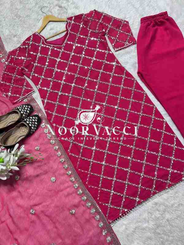 Fancy Faux Georgette Hand-Embroidered Sequence Suit Set with Dupatta - Image 3